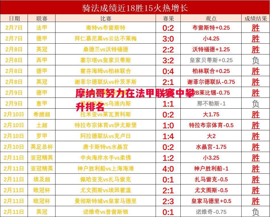 摩纳哥努力在法甲联赛中攀升排名