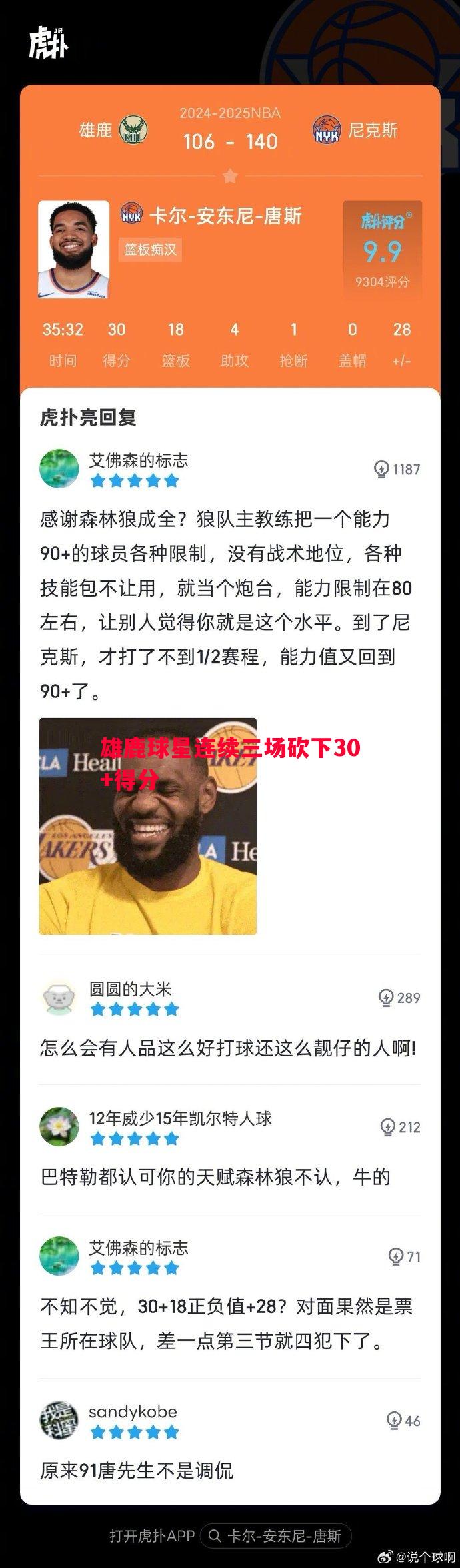 雄鹿球星连续三场砍下30+得分